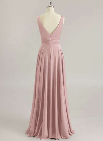 A-line V-Neck Floor-Length Silky Satin Prom Dresses With Pleated